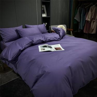 Imagem de XLCZMYL Conjunto de capa de edredom de cor lisa escovada de 4 peças, 1 lençol x 2 fronhas, tecido de poliéster, roupa de cama de quatro estações, roxo escuro, lençol de cama de 2 m 220 × 240 cm