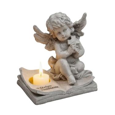 Imagem de Escultura De Castiçal Anjo - Suprimentos de Festa Comemorativos em Resina com Cruz | Suporte para Vela Bíblico com Anjo - para Quarto Sala de Estar Escritório Mesa Interior