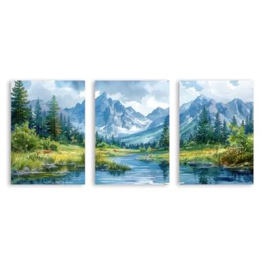 Imagem de Impressão em tela de montanha em aquarela com cenário do Colorado - pôster de floresta do lago arte de parede de paisagem moderna para sala de estar quarto decoração de escritório (SKU3-3PCS, 20,3 x