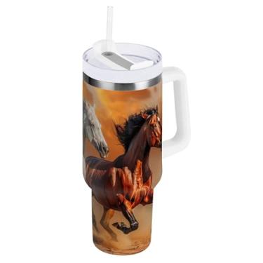 Imagem de Kigai Copo de cavalo de corrida de 850 g com tampa e canudo, copo isolado de aço inoxidável durável à prova de vazamento com alça, garrafas de água à prova de derramamento para viagens