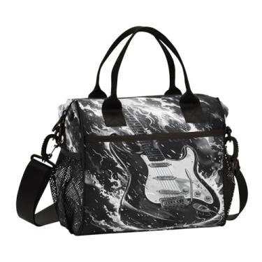 Imagem de Wassud Lancheira de guitarra preta para mulheres e homens, lancheira isolada com recipiente incluído, bolsa térmica reutilizável com alça de ombro ajustável para trabalho e piquenique pequena