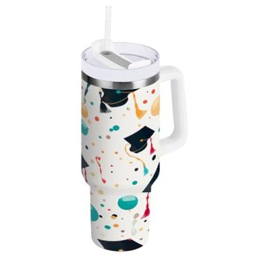 Imagem de Kigai Copo de chapéu de formatura de 850 g com tampa e canudo, copo isolado de aço inoxidável durável à prova de vazamento com alça, garrafas de água à prova de derramamento para viagens