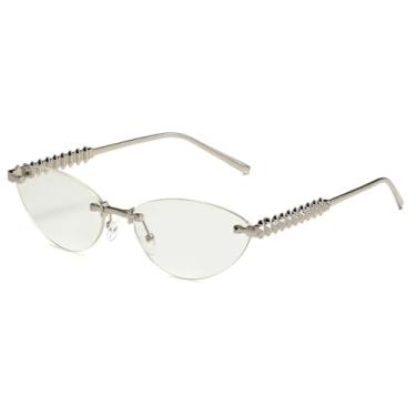 Imagem de JRLLFD Óculos de sol sem aro para mulheres e homens, com rebites de metal, UV400, para dirigir ao ar livre, óculos de sol para praia (branco prateado)