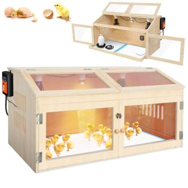 Imagem de Caixa grande de chocadeira de frango para pintinhos de 81 cm de largura, caixa de chocadeira de madeira inteligente com termostato digital, lâmpadas de aquecimento, gavetas deslizantes e maçaneta para