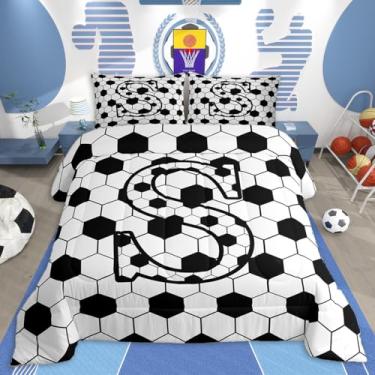 Imagem de jejeloiu Conjunto de cama de futebol macio para meninos e meninas, presentes inspiradores para amantes de futebol, conjunto de edredom solteiro, com inicial P, edredom de microfibra, bola esportiva