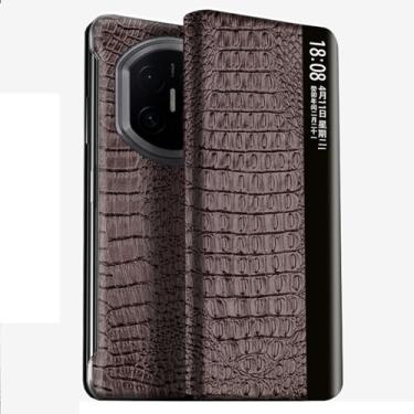 Imagem de FWYANZH Capa flip para Huawei Mate X7, janela lateral inteligente, capa de proteção fólio, couro legítimo, textura de crocodilo, capa de negócios de luxo, marrom, mate X7