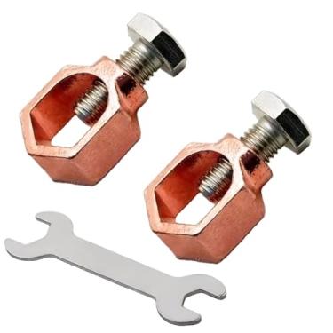 Imagem de 2 braçadeiras de haste de aterramento de latão de cobre, conector mecânico para haste de aterramento e fios, prenda uma chave (braçadeira de aterramento roscado para haste de 1/5.1 cm - 5/20.3 cm)