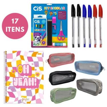 Imagem de Kit Escolar com 17 Itens Caneta Estojo Caderno Conjunto Aula Colorido 