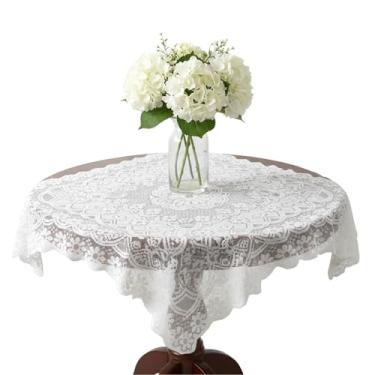 Imagem de Yuomeaz Toalha de mesa de renda, toalha de mesa de renda branca 90 x 90 cm — toalha de mesa quadrada, estilo vintage bordada, toalha de mesa pequena de crochê para verão, ao ar livre, recepção, jantar