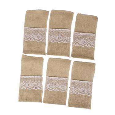 Imagem de 6 peças sacos de armazenamento de talheres de serapilheira de juta suportes de colher para casamento e decoração rústica de talheres marrom