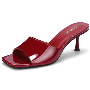 Imagem de Lookyno Sandálias femininas de salto gatinho quadradas, bico aberto, mules, salto agulha de 5 cm, sexy, sem cadarço, para festas casuais, Vermelho, 38