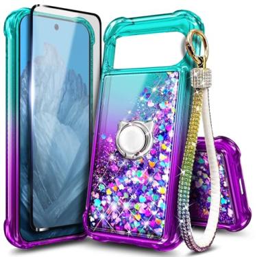 Imagem de WDHD Capa compatível com Google Pixel 10 Pro XL, Aqua/Roxo | Capa fofa com glitter brilhante para mulheres e meninas com protetor de tela de vidro temperado/suporte de anel/cordão de pulseira de