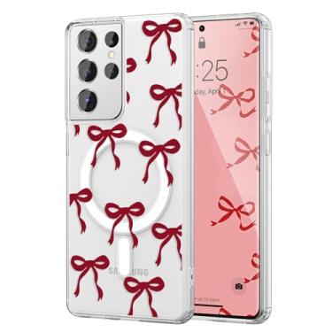 Imagem de UEEBAI Capa magnética para Samsung Galaxy S21 Ultra 5G, capa de arco compatível com MagSafe, fita fina transparente sem fio, capa protetora antiamarelamento à prova de choque para mulheres e meninas