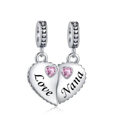 Imagem de Pingente de coração de vovó rosa dividível com zircônia cúbica rosa, serve para pulseiras Pandora berloques de Natal, aniversário, presente para mulheres, neta, avó, família, amor