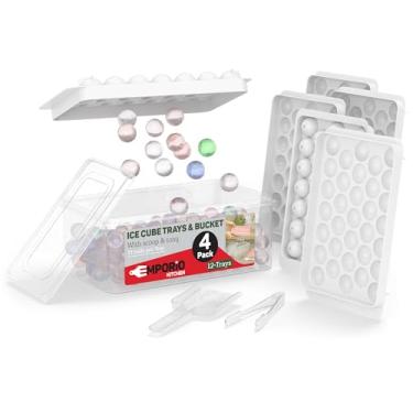 Imagem de Conjunto de 4 bandejas redondas para cubos de gelo, sem BPA, tampa e pinça, 33 bolas de gelo por bandeja para uísque, café e coquetéis, congelamento rápido e fácil de soltar, branco empilhável