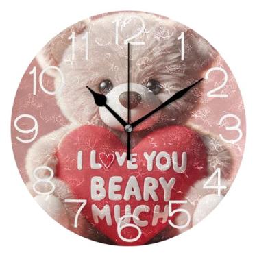 Imagem de GAIGEO Cute Bear I Love You Relógio de parede analógico decorativo relógio de cozinha rústico operado por bateria silencioso, decoração de parede de casa de fazenda moderna, 25 cm, ponteiros pretos