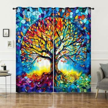 Imagem de AILONEN Cortina de janela colorida árvore da vida, pintura a óleo, arte de árvore, estética boho (2 painéis) 106,7 cm L x 213,4 cm A