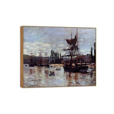 Imagem de BMZFYBS Claude Monet Famosas Impressões em Tela de Parede Prontas para Pendurar Barcos em Rouen Quadro de Madeira para Decoração de Sala de Estar 70 x 85 cm 27 x 33 pol