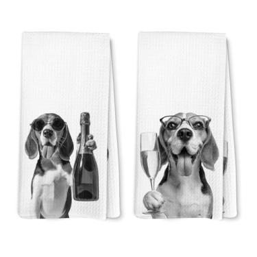 Imagem de Lengues Conjunto de 2 toalhas de cozinha de presentes engraçados Beagle, toalhas de mão de bar de champanhe, presentes para amantes de cães, toalha de prato para decoração de cozinha, presente de