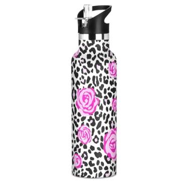 Imagem de Garrafas de água escolar de aço inoxidável para crianças, estampa de leopardo preto rosa de 590 ml, à prova de vazamento, parede dupla, copo de viagem isolado com tampa de canudo