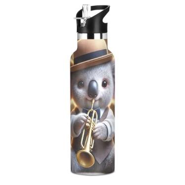 Imagem de Garrafa de água isolada de aço inoxidável de 590 ml com tampa de canudo para bebidas frias ou quentes, copo de viagem vintage coala fofo à prova de vazamento de parede dupla para meninos e meninas