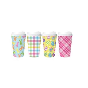 Imagem de AnyDesign Xícaras de café de papel de páscoa com tampas coloridas xadrez ovo de Páscoa Coelho Coelho Copos descartáveis para beber 473 ml para ir para decoração de festa de primavera, férias, 48 peças