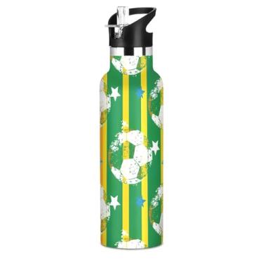 Imagem de Joisal Garrafa de água escolar de aço inoxidável para meninas, listras verdes amarelas futebol 590 ml, parede dupla, à prova de vazamento, garrafa de água isolada para crianças com tampa de canudo