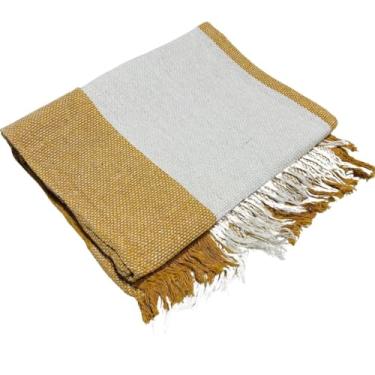 Imagem de Manta de Sofá Gigante 210x120cm em Algodão – Manta Artesanal para Sofá e Cama Decorativa(Amarelo C/Branco)