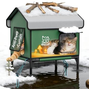 Imagem de Apasiri Casa de gato aquecida ao ar livre fora da casa de gatos: casa de banho aquecida isolada com almofada de aquecimento, cortinas anti-espião indestrutível para gatos ao ar livre, casa para gatos