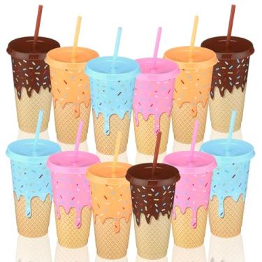 Imagem de Yungyan 12 peças de copos de plástico para sorvete com tampas e canudos 680 g Copo reutilizável para bebidas garrafas de água a granel para festa de verão suprimentos de chá de bebê e decorações de