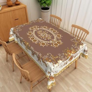 Imagem de SIEDYCV Toalha de mesa floral vintage 132 x 188 cm, estampa de peônia rosa, tecido marrom, retangular, toalha de mesa de poliéster antirrugas lavável para banquetes de casamento, buffet, piquenique