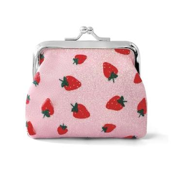 Imagem de Mini porta-moedas com estampa de morango, estilo desenho animado, material de poliéster, leve, forro sem forro, bolso para moedas, lavável na máquina, rosa, Portátil