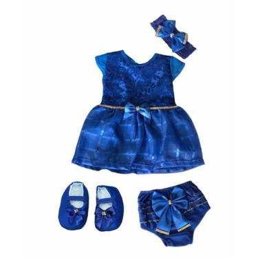 Imagem de Kit Vestido Calcinha Sapatinho Laço Roupa Bebe 0-6 meses 4pc - Lala Lu