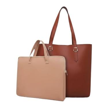 Imagem de Kit Bolsa Sacola + Pasta para Notebook 14 a 17 Polegadas com Alça, Bolsa Grande para Trabalho Estudo Viagem(Pasta Nude + Sacola Caramelo)