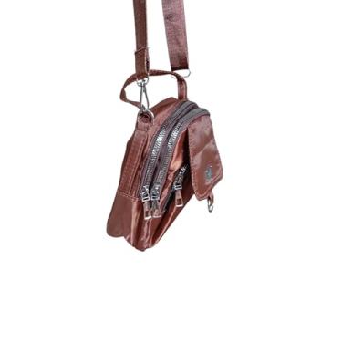 Imagem de Bolsa Transversal Pequena Marrom, Nylon, Múltiplos Compartimentos com Zíper, Alça Ajustável