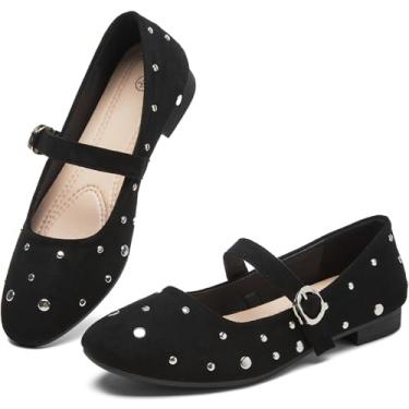 Imagem de Waluzs Sapatilhas Mary Jane Sapatilhas femininas de camurça cravejada preta sem salto para mulheres confortáveis para escritório sem salto com tira no tornozelo, Preto cravejado, 37