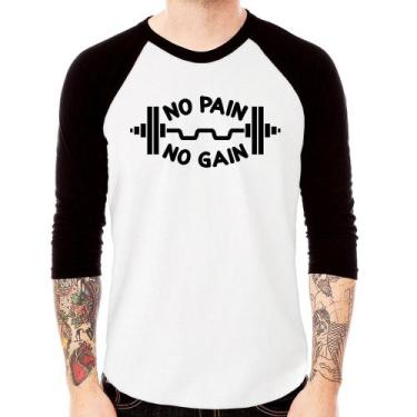 Imagem de Camiseta Raglan No Pain No Gain Manga 3/4 - Foca na Moda, Branco, Pret