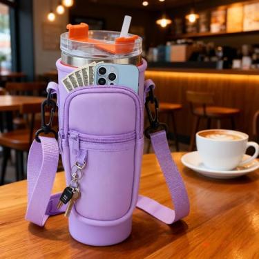 Imagem de Bolsa para garrafa de água, suporte magnético para copo com bolso para telefone, suporte isolado de neoprene para proteção do copo (roxo)