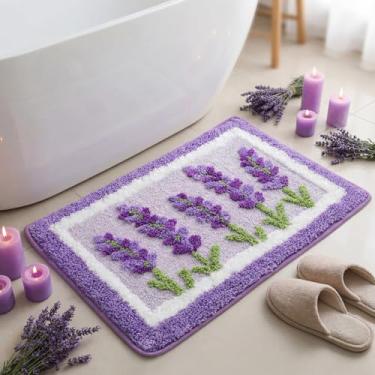 Imagem de Boao Tapete de banheiro roxo lavanda tufado tapete de banho flores primavera banheiro antiderrapante tufado tapete de chuveiro decoração para quarto cozinha porta da frente varanda 61 x 45 centímetros