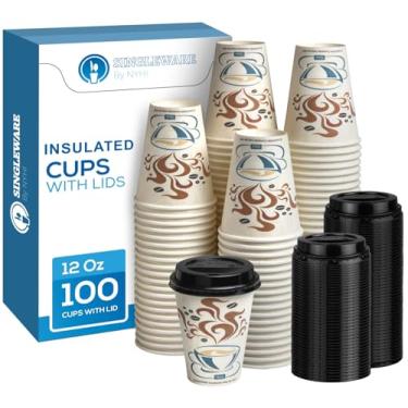 Imagem de NYHI Copos de café descartáveis com isolamento quente/frio de 340 g com tampas, pacote com 100 - Copos de papel para café com tampas, sem necessidade de manga, aderência confortável, pilha que