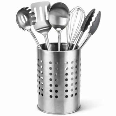 Imagem de Porta Talheres De Inox 18cm x 12cm Organizador Redondo Para Bancada E Pia Grande Vazado Resistente Porta Utensílios Em Inox Para Espátulas Pegadores Conchas Colheres De Cozinha