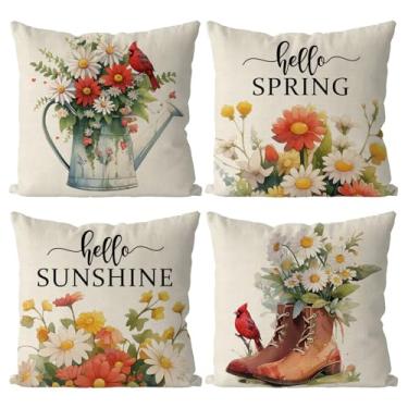Imagem de GAGEC Conjunto de 4 capas de almofada de primavera 45 x 45 cm com 4 fronhas florais cardeais Hello Sunshine Home Sofá Quarto Sala de estar Capa de Almofada de Férias Decorações de Casa de Fazenda