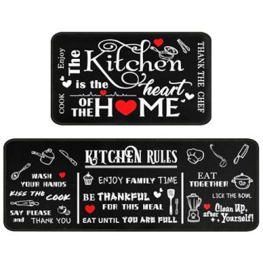 Imagem de Faptoena Conjunto de 2 tapetes pretos de cozinha, tapetes engraçados de cozinha para chão, tapetes de pia laváveis antiderrapantes para decoração de cozinha, tapete de 43 x 76 cm + tapete de corredor