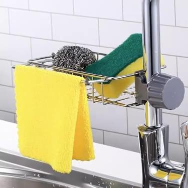 Imagem de Cesta de drenagem de torneira de aço inoxidável sem perfuração – Organizador suspenso para esponjas, esfoliantes e toalhas de cozinha (prateado)