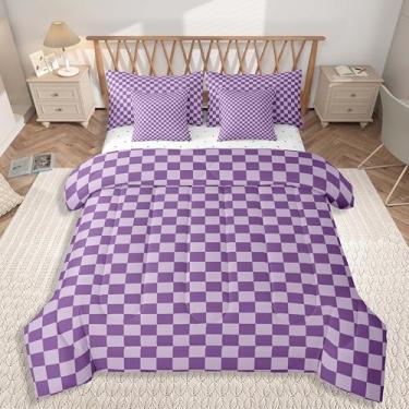 Imagem de jejeloiu Jogo de cama quadriculado quadriculado, 7 peças, solteiro, clássico, xadrez, com lençol para meninos e meninas, lençol com bloco colorido, macio, leve, microfibra