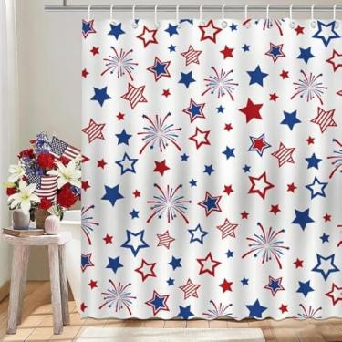 Imagem de AnyDesign Cortina de chuveiro patriótica 4 de julho decoração de banheiro vermelho azul EUA estrela fogos de artifício tecido impermeável conjunto de cortina de banho com gancho para festa dia da