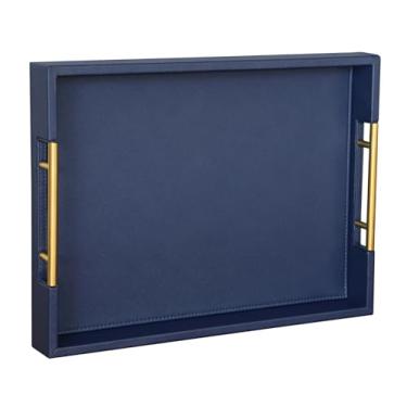 Imagem de HofferRuffer Bandeja de servir de couro sintético com alças de metal dourado, organizador de bandeja decorativa elegante para mesa de centro, otomano, decoração de casa e servir (azul, 41 x 31 x 5 cm)