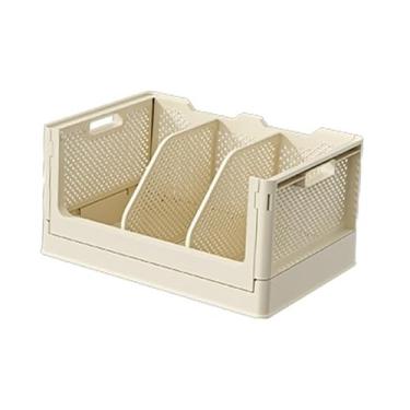 Imagem de Caixa de armazenamento de plástico dobrável, caixa organizadora empilhável dobrável, pequena cesta dobrável para mesa, sala de aula, banheiro, cozinha, materiais de organização doméstica(Cream)