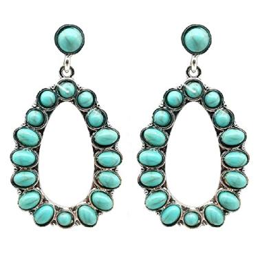 Imagem de Bohemia Brincos pendentes geométricos turquesa ocidental argola grande redonda oval gota pedra natural para mulheres meninas étnico vaqueira declaração de férias joia boho, Pedra Cristal Metal, Pedra
