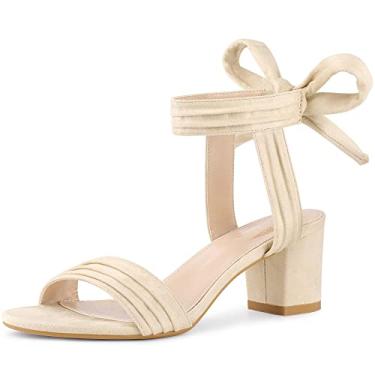Imagem de Perphy Sandálias femininas plissadas de salto grosso com cadarço, Bege, 34